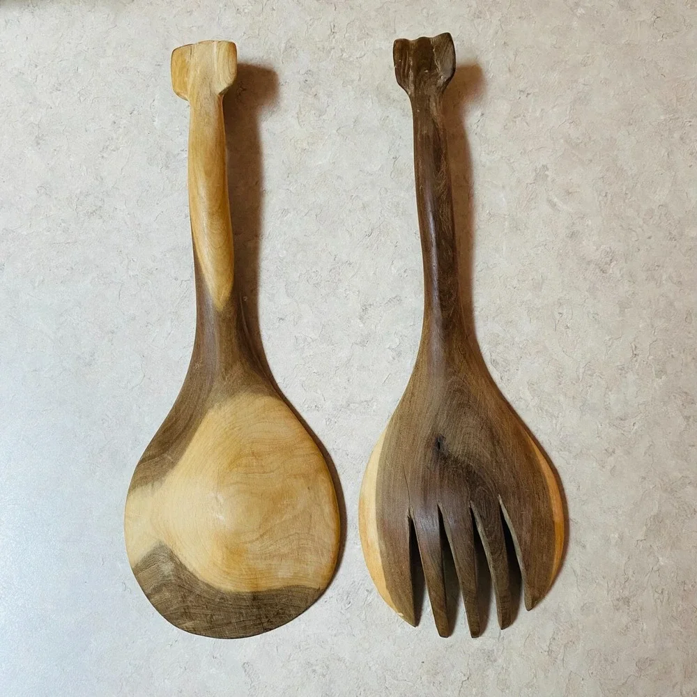 Salad Servers OS Brown Hand Carved Wood Elephant Safari Art Good cond.